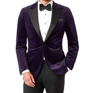 2ピースベルベットのプロム男性スーツ男性のファッション衣装紫ディナーブレザーブラックパンツ2021結婚式タキシードx0909