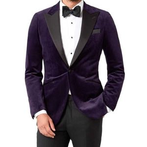 2 Pezzi Velluto Prom Abiti da Uomo Moda Maschile Costume Viola Cena Giacca Sportiva con Pantaloni Neri 2021 Smoking da Sposa per Groomsmen X0909