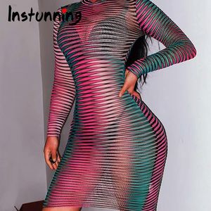 Casual klänningar instunning kvinnor sexig gradient mini dress vintage 2021 sommar fest klubb långärmad elegant kvinnlig genomskinlig