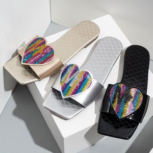 Love Heart Shaped Diamond Women's Slippers Summer Fashion Beach Flat Slippers Square toe PU leather sandals