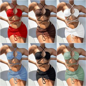 3-Pieces Mesh Skirt Swimsuit Women Halter Micro Bikini 2022 High Waist Swimwear Sexy Solid Beachwear Bathing Suit Biquini