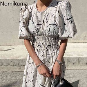 Nomikuma Ruched Slim Waist Midi Dress Kvinnor O Neck Kortärmad Koreansk Chic Dresses Kvinnlig Ankomst Vestidos Mujer 210514