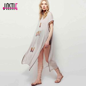 Jastie Canyonland Embroidered Kaftan Long Tunic Tops Beach Casual Women Top Pullover Loose Silhouette Bohemian Hippie Style 210419