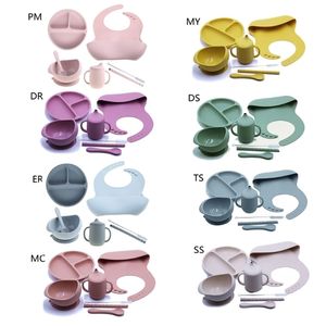 7pcs Set Baby Dining Dishes Silicone Bowl+Plate+Spoon+Bibs Strong Sucker Feeding Set Tableware Kids Dinnerware Food Supplement 211027