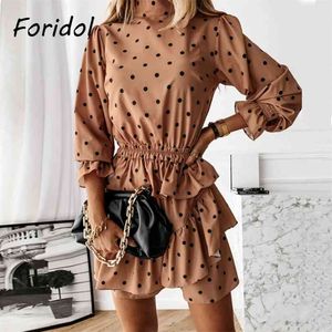 Casual Nero A Pois Abito Elegante Volant Corto Donna Donna Manica Lunga Primavera Autunno Vestido De Mujer Boho 210427