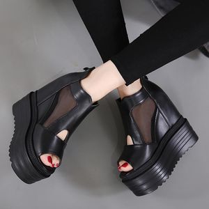 Dress Shoes European Wedges With High-heeled Sandals Women 12CM Muffin Thick-bottom Mesh Fish Mouth Internal Cool Boots Women's
