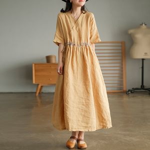 Johnature Women Vintage Embroidery Floral Dresses V-Neck Short Sleeve Belt Summer Linen A-Line Female Loose Dress 210521