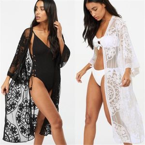 Sexy Lace Mesh Beach Cover Up Women White Bikini Dress Swimwear Crochet Beachwear Bathing Suit Summer Cardigan Sarongs