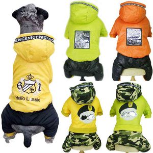 Dog Jumpsuit Winter Pet Clothes Four Legs Thick Fleece Warm Dog Hooded Patch Puppy Cat Jumpsuit Coat Overalls Pets Costume perro 211106