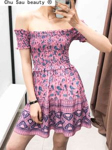 ビューティーボー弾性バストVinatgeプリントミニドレス女性ホリデーシックストラップレス夏のビーチドレスMUJER VESTIDO 210514