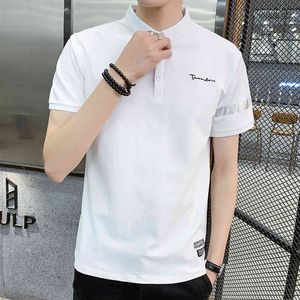Browon Summer T Shirt Mężczyźni Krótki Rękaw List Haft Casual Tee Top Solid Color Collar Collar Slim Fit Daily Men Odzież 210421