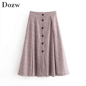 Autumn Casual Print Skirt Women High Waist Buttons Fashion Bottoms Mid Calf Length Pleated Plus Size Ladies Skirts Jupe Femme 210515
