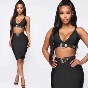 Sexig Sequined Button 2 Piece Set Black Bandage Dress Women Vestidos Elegant fest med bälten 210527