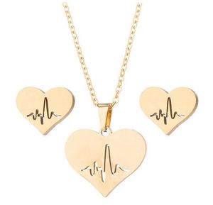 Stainless Steel Love Heart Necklace Women Gold Heartbeat Stud Earrings Jewelry Sets for Girls Wedding gift