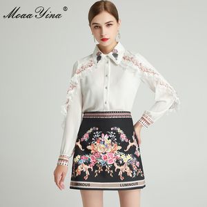 Fashion Designer Set Spring Women's Ruffles Long sleeve Blouses Tops+Floral-Print skirt Two-piece sets 210524