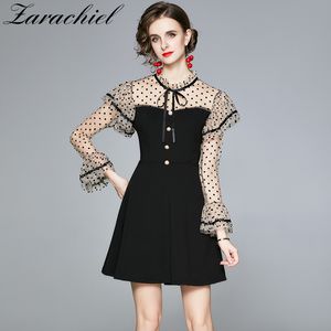 Autumn Ruffles Mesh Patchwork Retro Mini Women Dot Flare Sleeves Bow Collar Pearls Button Casual Ladies A-Line Party Dress 210416