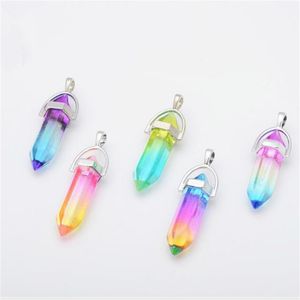 Colorful Glass Hexagon prism Charms Rainbow pendant for Necklace jewelry making women men Wholesale MKI