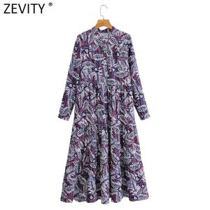 Kobiety Vintage O Neck Plees Tropikalne Liście Drukuj Dress Loose Midi Sukienka Kobieta Retro Patchwork Chic Vestido DS4678 210420