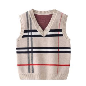 2-8t tanque de camisola de xadrez para menino menina criança criança miúdo primavera outono v neck-knit top outono moda colete knitwear roupas 211201