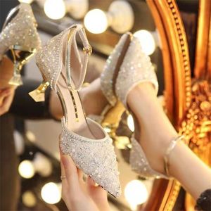 Элегантные женские туфли-лодочки с ремешком на щиколотке, свадебные туфли на высоком каблуке со стразами, женские весенние туфли с острым носком, роскошные женские туфли 220309