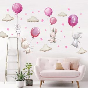 Watercolor Pink Balloon Bunny Cloud Wall Stickers for Kids Room Baby Nursery Room Decoration Wall Decals Boy and Girls Gifts PVC