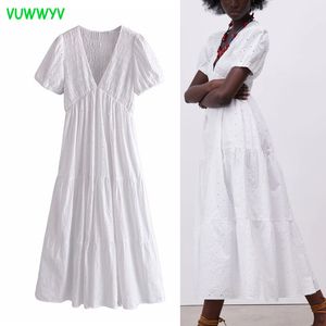 Dresses for Women White Cutwork Embroidery Midi Woman Summer Short Puff Sleeve Pleated African Vintage 210430