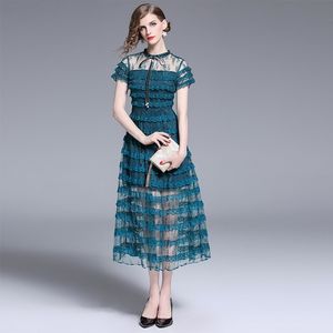 Elegant See Through Short Sleeve Mesh Dress Flower Embroidery Stitching Lace Trims High Waist Sweet Bow Party Long Dress 210514