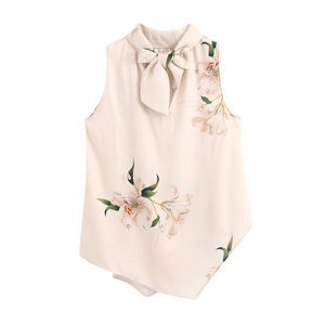 Elegante asimmetria Stampa floreale Donna Top Camicette Papillon Collo senza maniche Office Lady Camicie Casual Blusas Mujer 210430