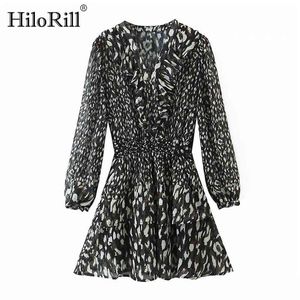 V-Ausschnitt Leopard Minikleid Rüschen Langarm Knospe Frauen Tierdruck Chiffon A-Linie Sommerkleid Lady Sukienka 210508