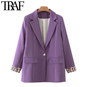 TRAF女性のファッションシングルボタンパッチワークヒョウブレザーコートビンテージ長袖ポケット女性の上着シックトップ210415