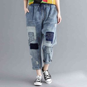 Johnature Fashion Patchwork Denim Pants Summer Elastic Waist Hole Tie Casual Ankle-Length Women Vintage Jeans Pants 210521