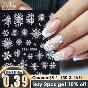 10pc 5D White Snowflakes Embossed Sticker Christmas New Year Nail Art Design Winter Charms Flower Manicure Slider Decals CHSTZ5D01-08 Y1125