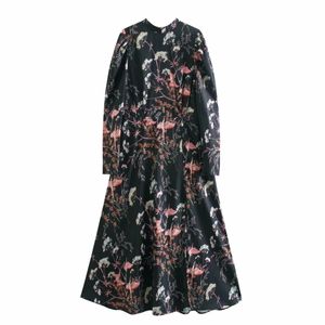 Spring Women Flower Printing Side Slit Midi Dress Female Long Sleeve Clothes Vintage Lady Loose Vestido D7293 210430