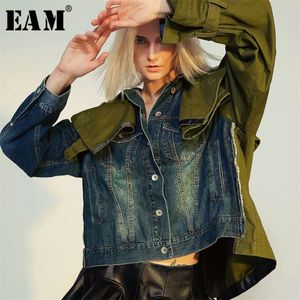 [EAM] LOSE FIT THEPLICT HIT Color Short Denim Jacket Revers Long Sleeve Women Food Tide Frühling Herbst 1B093 210928