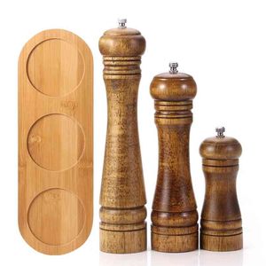 Wood Salt and Pepper Grinder Set with Mills Tray for Sea & Peppercorns (5,8,10 inch) Strong Adjustable 210712