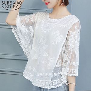 韓国のファッションの女性のシャツバットウィングスリーブメッシュ刺繍トップスカジュアルな夏の緩いレースブラウスBlusa Feminina 4012 50 210417