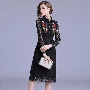 Lace Floral Embroider Slim Tunic Maxi Dress Women Elegant Vintage Office Party Beach Fashion Large Hem Clothes Black 210603