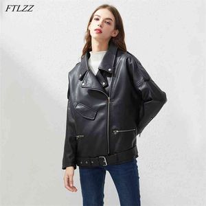 Vår Höst PU Faux Läderjacka Kvinnor Lösa Sashes Casual Biker Outwear Kvinna Toppar BF Style Black Coat 210430