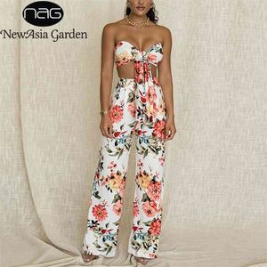 Asia Floral Crop Top Lange Hose Zweiteiliges Set Frauen Sommer Sexy Schulterfrei Geknotete Tops Breite Beinhosen Party 2 Stück Sets 210727