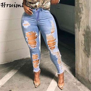 Calças de lápis casual streetwear skinny placket com zipper venda mulher mulher corpo completo moda grande buraco esticar jeans 210513