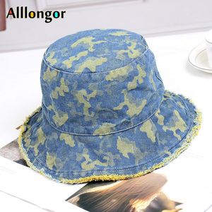 Summer Women Denim Bucket Hat Tie Dye Fisherman Camo Print Bob Chapeau Femme Fishing Cap Panama Sun Hats Hip Hop Wide Brim