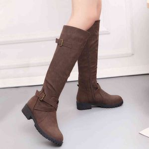 2019 Women Knee High Boots Fashion Leather Low Heels Buckle Side Zipper Winter Riding Shoes Military Army Western Combat Boots Y1125