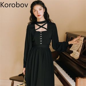 Korobov New Arrival Women Solid Elegant Korean Dress Summer Square Collar Dress Sweet Black Vestidos Mujer 210430