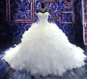 2021 Luxury Beaded Embroidery Ball Gown Wedding Dresses Princess Gown Corset Sweetheart Organza Ruffles Cathedral Train Bridal Gowns Cheap