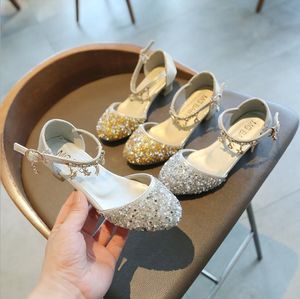 Princess Kids Leather Shoes For Girls Flower Casual Glitter Children High Heel Girls Shoes Butterfly Knot Blue Pink Silver