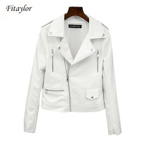 Fitaylor Frühling Herbst Frauen Biker Lederjacke Weiche PU Punk Outwear Casual Motor Kunstleder Weiße Jacke 211007