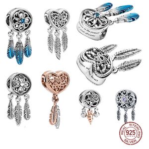 2021 Nieuwe 925 Sterling Silver Three Feathers Blue Dreamcatcher Charm Bead Fit Pandora armband voor vrouwen DIY Maken Gift met originele tas