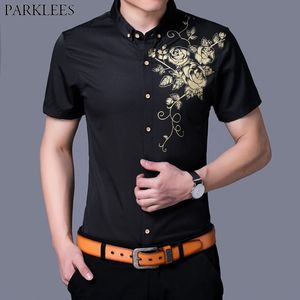 Guld Rose Print Button Down Black Shirt Män Märke Slim Fit Short Sleeve Mens Dress Shirts Causal Party Social Shirt Man 210522