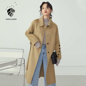 FANSILANEN 100% Wool khaki long winter coat Women button sashes elegant cashmere blend Female woolen oversized vintage 210607