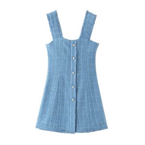 Kvinnor Chic Jewel Knappar Frayed Tweed Mini Dress Fashion Backless Side Zipper Straps Kvinna Klänningar Mujer 210430